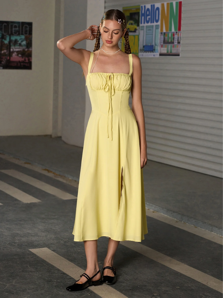 Ruched Bodice Split Thigh Cami Dress