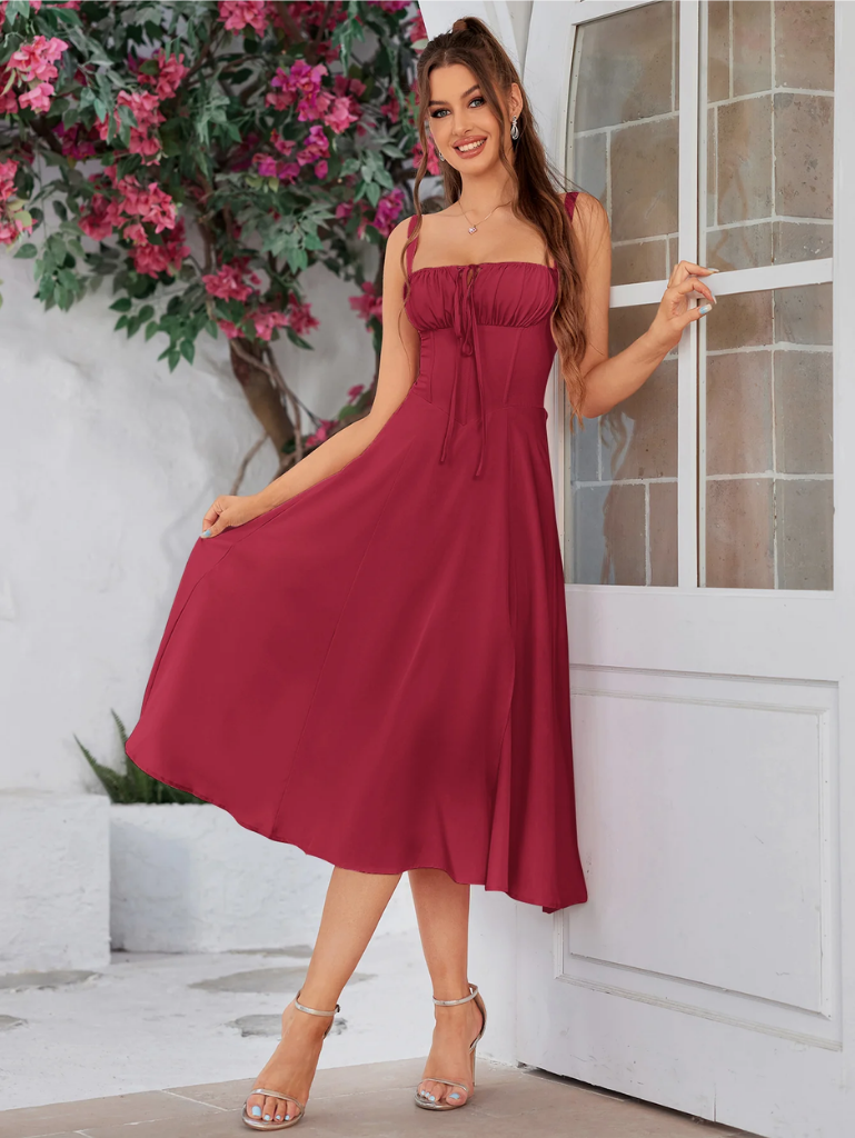 Ruched Bodice Split Thigh Cami Dress