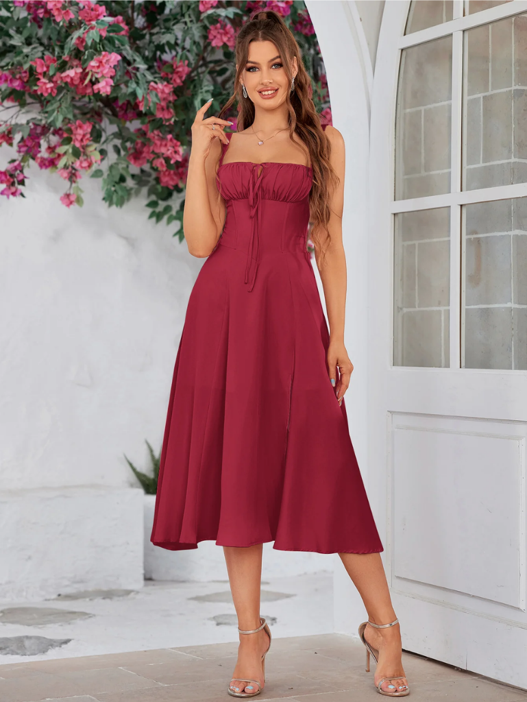 Ruched Bodice Split Thigh Cami Dress