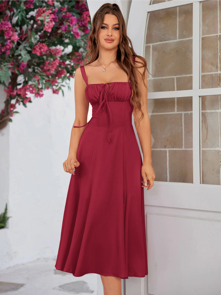 Ruched Bodice Split Thigh Cami Dress