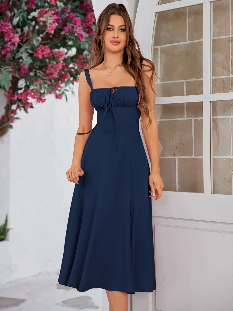 Ruched Bodice Split Thigh Cami Dress