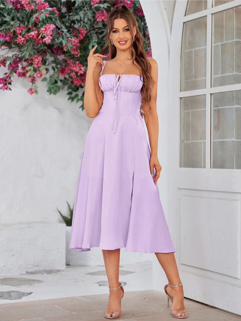 Ruched Bodice Split Thigh Cami Dress