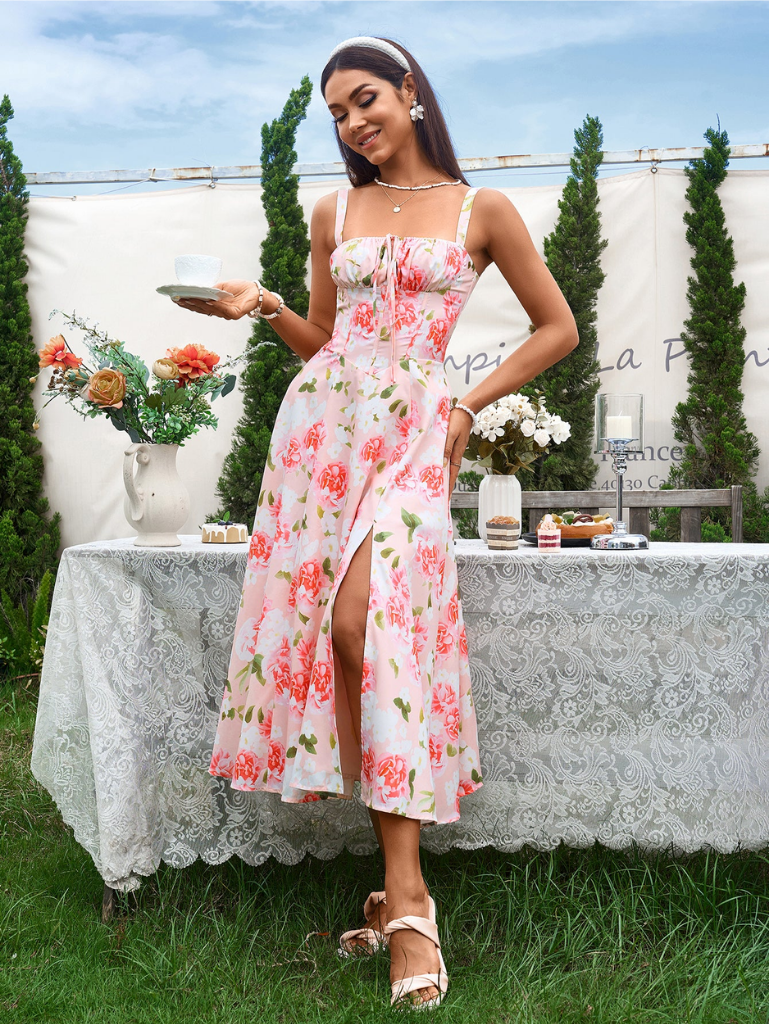 Ruched Bodice Split Thigh Cami Dress