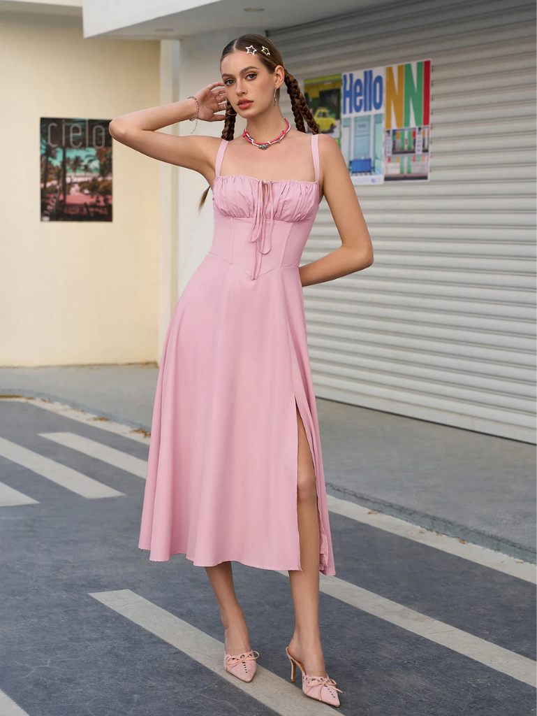 Ruched Bodice Split Thigh Cami Dress